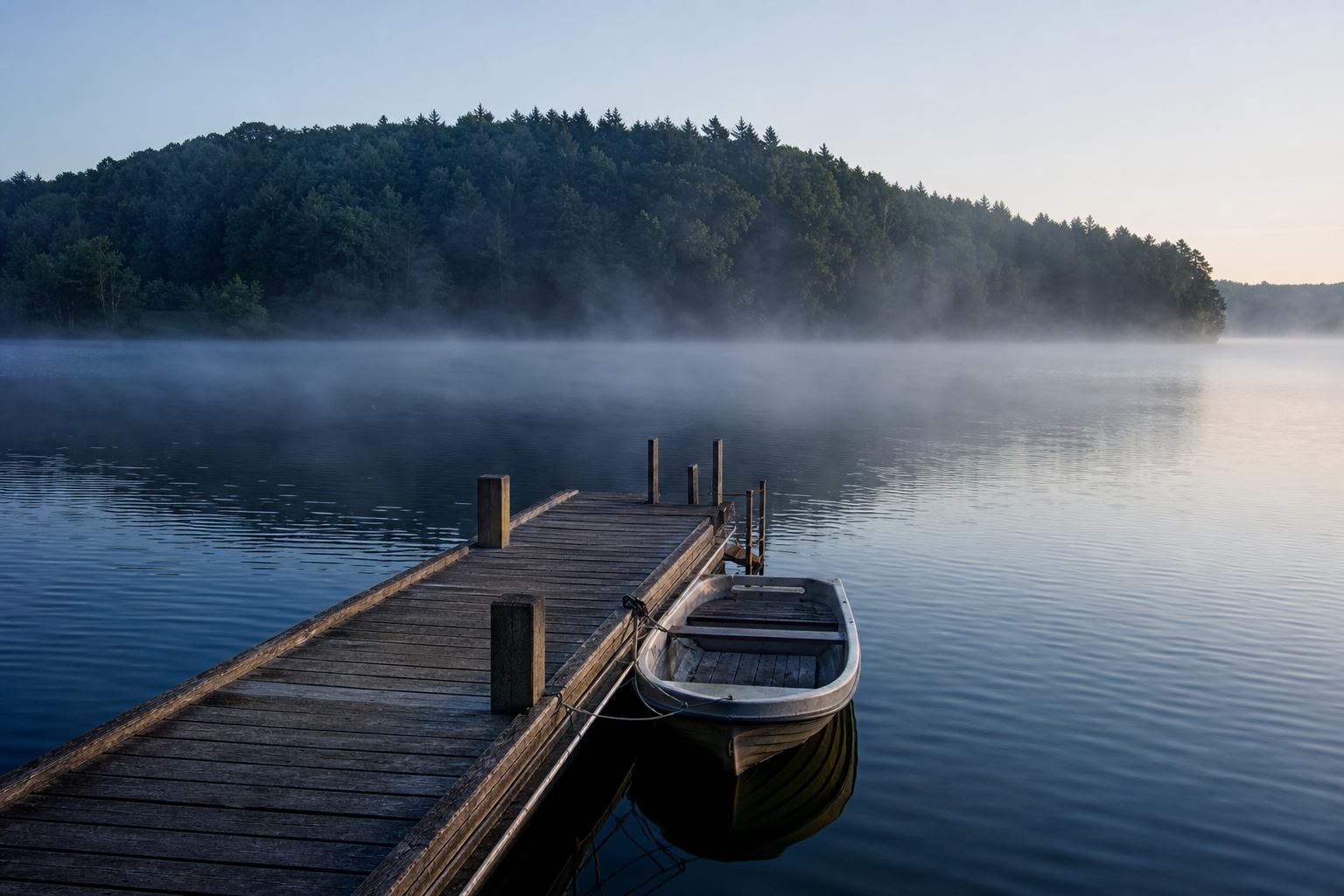 Frühmorgendlicher Gletschersee mit Holzsteg, kleinem Boot und Nebelschleier über dem Mecklenburger Seenland